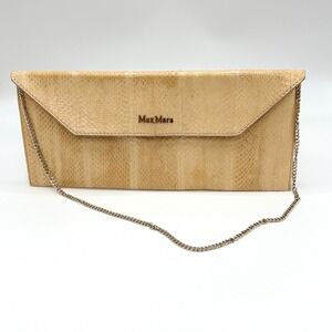 Max Mara Beige Leather Python Print Clutch Bag Chain Strap Luxury Envelope Purse